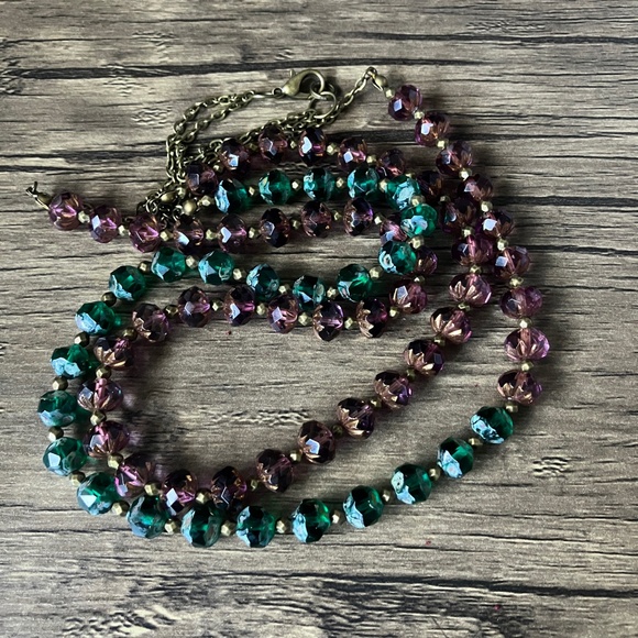 Purple and Green Faceted Czech Glass Beaded Layered Necklace Brass Accents - Picture 4 of 12